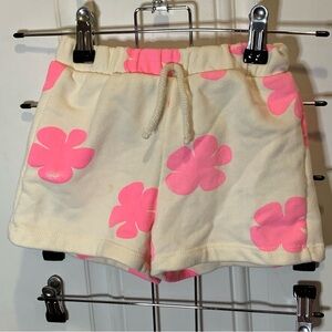 Zara Cream Neon Pink Floral Sweat Sweater Shorts Faux Drawstring Size 2-3 years